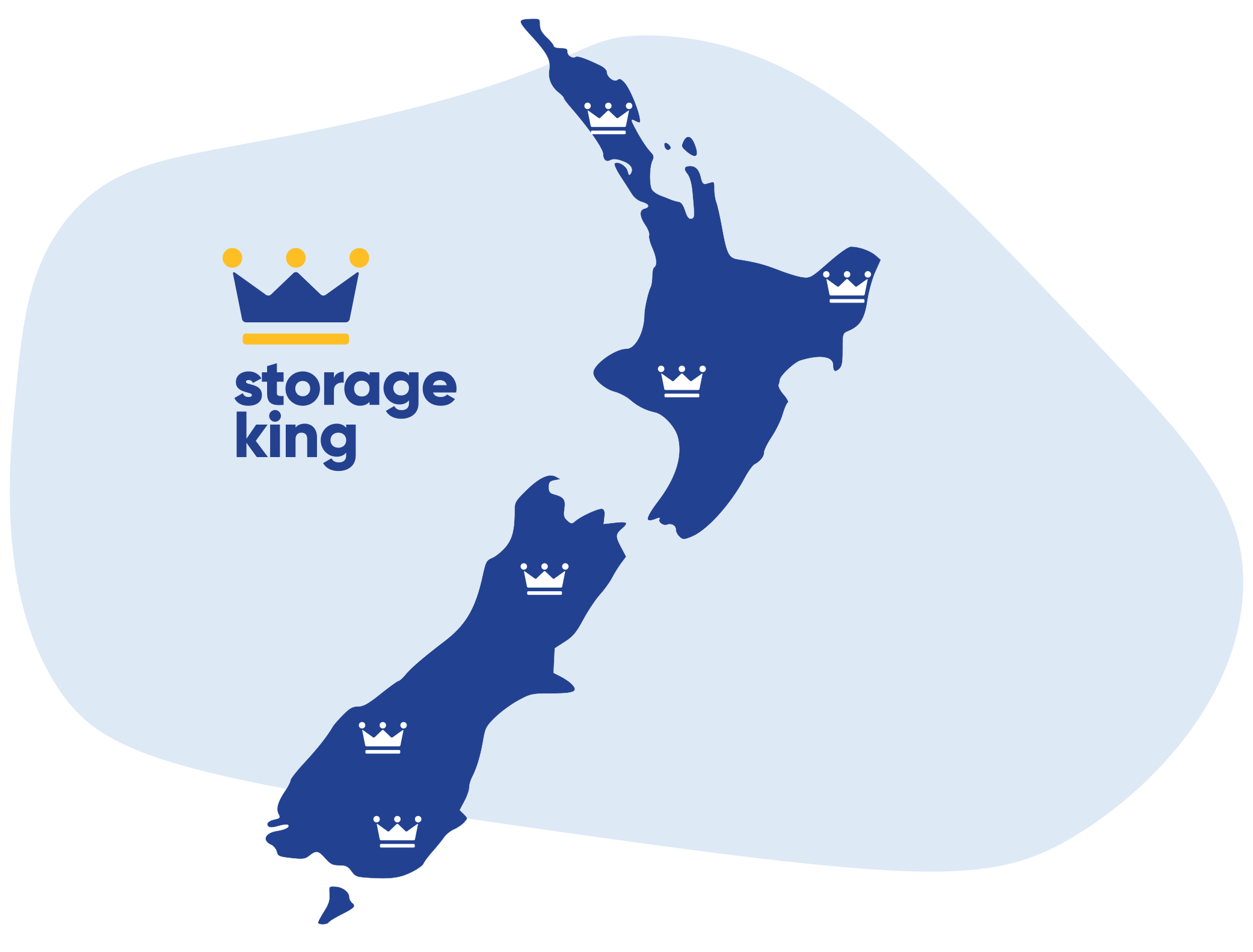 This illustration answers the question: "How widespread is Storage King in New Zealand?" It shows a map of the country dotted with our crown logos. While there are many more stores than crowns pictured, they serve as a visual symbol of our dense, nationwide network. This represents our promise that no matter where you are, a trusted and convenient Storage King facility is nearby.