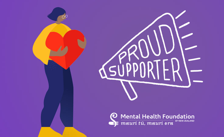 Illustration of a person holding a heart and a megaphone with 'Proud Supporter' text on a purple background, featuring the Mental Health Foundation logo.