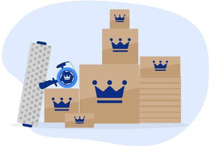 This illustration answers where to find all your packing and moving supplies in one place. It features a collection of essentials like cardboard boxes, bubble wrap, and packing tape to represent our huge range of products. From specialty boxes to protective materials, we've got everything you need for your household move. Think of us as your one-stop shop for a secure and organised pack.