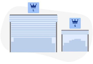 This illustration answers the question: "What storage unit size is right for me?" It visually compares a small and a large Storage King unit to represent our full range of sizes. A small unit is perfect for personal items or document boxes, while a large one can handle business inventory or household furniture. This is part of our storage size guide to help you choose the most efficient and cost-effective option.