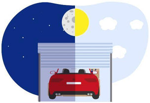 This illustration answers the question: "How convenient is it to access my vehicle at Storage King?" The split between sunlight and moonlight represents our flexible and extended access hours. This means you can easily drive up to your unit to pick up your boat for an early start or securely park your van late at night. Our facility is designed for convenient vehicle access, giving you the freedom to plan your day, your way.
